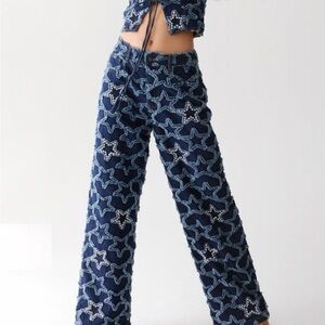 Nasty Gal Navy Star Embellished Wide Leg Pants